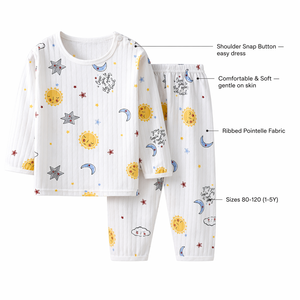 Set <span class=keywords><strong>Pigiama</strong></span> Boutique per Neonato Maschio, Maniche Lunghe, Collo Tondo, Bottoni sulle Spalle, Pantaloni con Stampa Celestiale, Abbigliamento da Notte per Bambini all'Ingrosso - Product Image 3