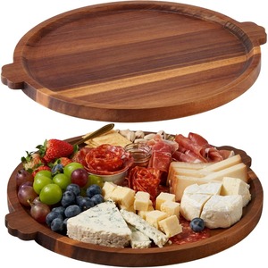 Plateau de service rond en bois d'acacia de 13 pouces avec poignées, plateau décoratif pour table basse ottoman, plateau de service à fromage en bois - Product Image 2