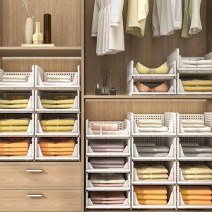 Organisateur de placard empilable pour vêtements, boîte de rangement en <span class=keywords><strong>plastique</strong></span> pliable avec rail coulissant pour armoire - Product Image 4