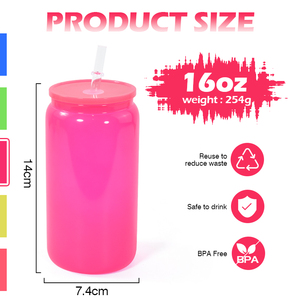 Blank Sublimation Neon Colored 16oz Glass <strong>Can</strong> <strong>Shaped</strong> Drinking Glass With Plastic Lid and Straw - Product Image 5