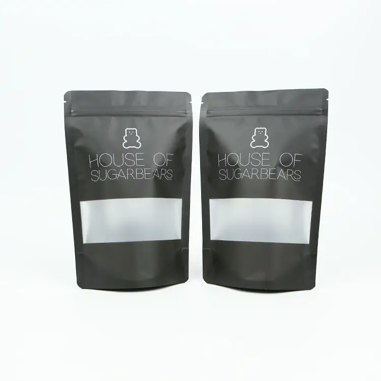 Bolsa de cremallera de pie negra mate personalizada con ventana transparente