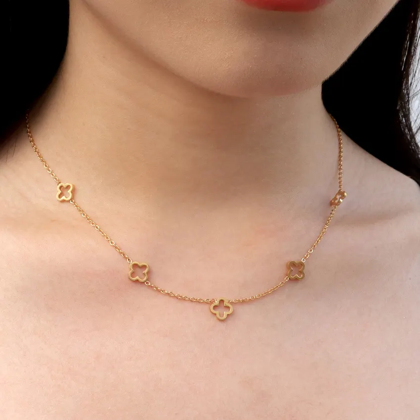 Colliers de trèfle en acier inoxydable, bijoux hypoallergéniques, plaqué or 18K, collier de trèfle à quatre feuilles porte-bonheur pour femmes