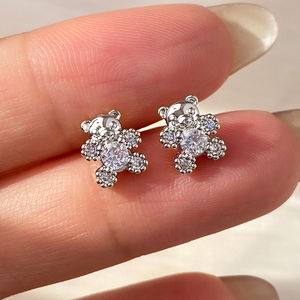 Minimalist Women's Earrings Gift Set Elegan Bear Clover Ribbon Cherry Rhinestone Round Flower Ear Jewelry 925 <strong>Silver</strong> <strong>Studs</strong> - Product Image 3