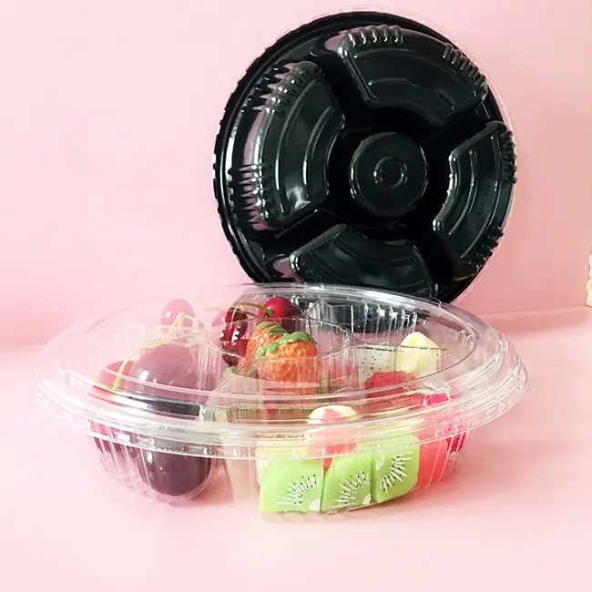 Caja contenedora para bandeja de verduras PET con tapa transparente comida plástico al por mayor desechable redondo 5 compartimentos OEM Blister