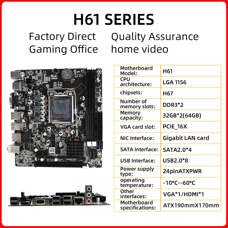 เมนบอร์ด H61 tecmiyo ช่องเสียบ ATX LGA 1155รองรับเมนบอร์ดหน่วยความจำ DDR3 16GB