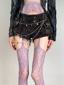 Bas résille rétro jacquard style bretelles, collants sexy irréguliers effet usé pour <span class=keywords><strong>femme</strong></span>, bas cuissardes respirants en nylon - Product Image 3
