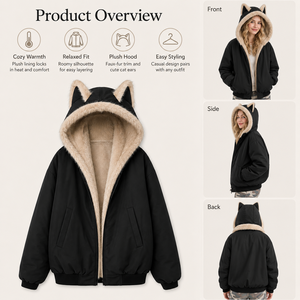 Veste à capuche avec oreilles de chat pour <span class=keywords><strong>femme</strong></span>, <span class=keywords><strong>manteau</strong></span> d'hiver <span class=keywords><strong>noir</strong></span> avec doublure douce et poches - Product Image 2