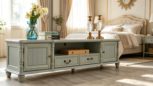 Elegant Gold Trim Solid Wood TV Console 2 Door 2 Drawer <b>Open</b> Storage Turned Leg Media Stand Farmhouse Bedroom Living Room TVs - Product Image 6