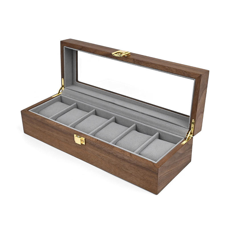 กล่องใส่นาฬิกาวอลนัทสีดำ6ช่อง/ด้านในเป็นสีเทา