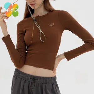 High Quality Clothing Women Tops Knit Solid Color Plain Custom Logo Embroidered Brown Womens Long Sleeve T-Shirt