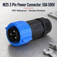 Connecteur étanche en plastique technique haute performance M25 à 3 broches en cuivre plaqué argent pour automatisation industrielle 50A 500V Push