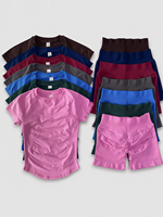 Set 2 Potong Pakaian Wanita Atasan Crop Top Lengan Pendek Model Longline Celana Pendek Olahraga Pinggang Tinggi Setelan Olahraga Pakaian Fitness Set Yoga