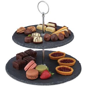 Support à gâteau en ardoise à 2 niveaux, cadre métallique rond avec crochet, pieds antidérapants, vaisselle de fête - Product Image 1
