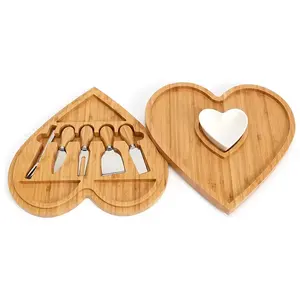 Juego de tabla de queso y cuchillos de bambú multiusos, tabla de charcutería de corazón, juego de tabla de queso con cuchillos