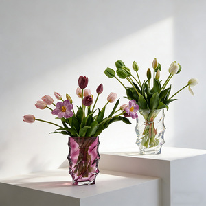 420x320x430mm Home Decor <strong>Table</strong> Centerpiece Realistic Artificial Flowers <strong>Tulip</strong> Bouquet with Textured Glass Vase Set - Product Image 1