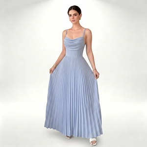 Abito lungo da donna in chiffon tinta unita, dolce ed elegante, con collo a drappeggio, orlo plissettato, spalline sottili, fluido, con cerniere, autunnale - Product Image 4