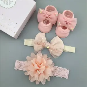 New born gift box for lovely girls anti slip organic cotton knit with bow baby sock shoes