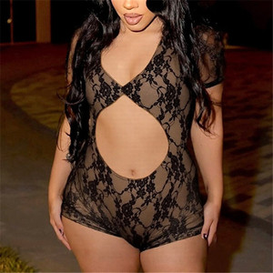 <span class=keywords><strong>Tuta</strong></span> Aderente Sexy in <span class=keywords><strong>Pizzo</strong></span> Trasparente da Donna con Maniche Corte e Dettagli Traforati - Product Image 2