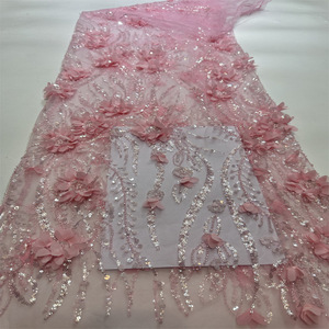 Dentelle brodée de fleurs 3D bleues faites à la main, perlée, en <span class=keywords><strong>tulle</strong></span>, avec sequins épais sur toute la surface, pour robe de mariée, robe de soirée, robe de scène ou robe de cérémonie - Product Image 2