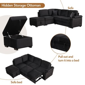 Modern Three Seat Fabric <b>Sofa</b> Bed Pull-Out Function 2-in-1 L-Shape Couch Storage Ottoman Living Room Bedroom Hotel <b>Small</b> Set - Product Image 4