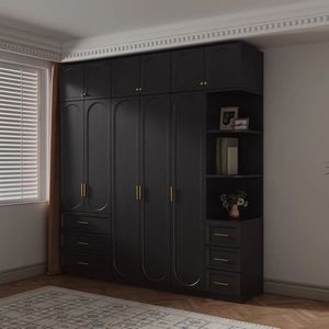 Armoire Rétro Française Noir Mat avec Étagères Ajustables, Conception Pré-assemblée pour Villa, Chambre à Coucher, Option Table de Maquillage/Coiffeuse Moderne - Product Image 3