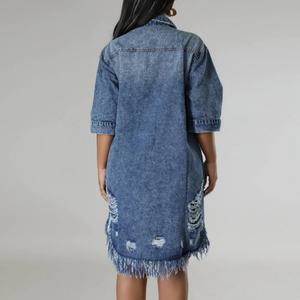 Vestido vaquero de otoño al por mayor de alta calidad, estilo OOTD, con solapa retro, manga larga, lavado ácido y efecto desgastado. - Product Image 2