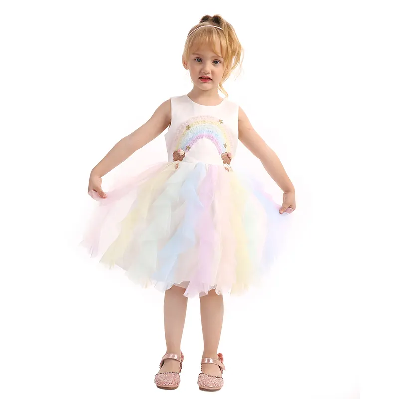 Fancy Summer Baby Girl Princess Dresses Sleeveless Rainbow Shape Party Dress Mesh Tassels Zipper Girl Frocks