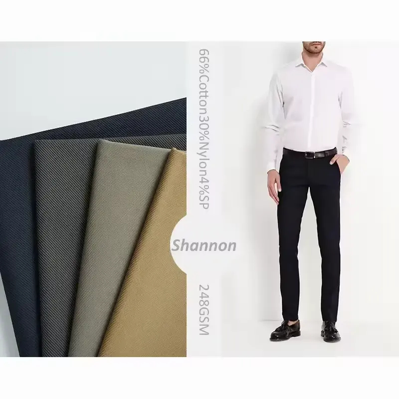 Wholesale in stock 66%Cotton 30% Nylon 4% Spandex blend twill fabric easy care for men casual pants
