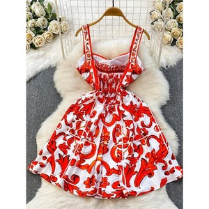Women's Red White Scroll Floral Print Maxi <b>Dress</b> Spaghetti <b>Strap</b> V-neck High Waist A-Line Eco-Friendly Satin Casual Summer Daily - Product Image 3