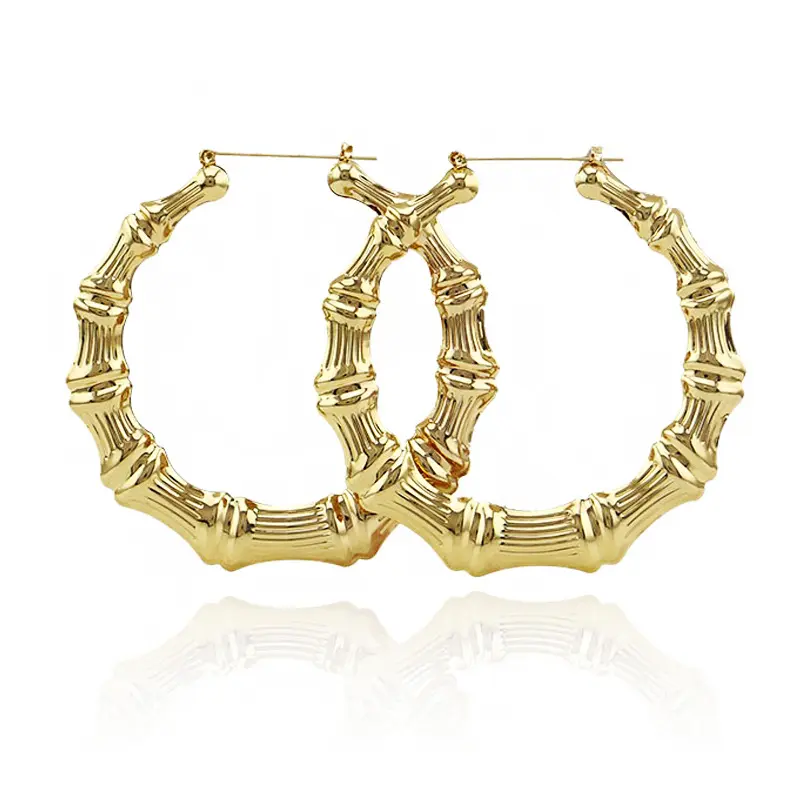 18k Real Gold Rock Hop Style Large Bamboo Hoop Circle Earrings 75mm Big Bamboo Earrings