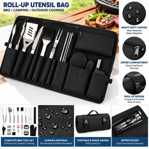 Sac à ustensiles enroulable personnalisé OEM, toile robuste avec compartiment zippé, organisateur pour chef de cuisine, barbecue et camping - Product Image 1