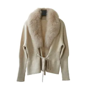 Hot Sale Women's Wool Blend Knit Sweater Coat Tunic Cardigan With Fox Fur Collar