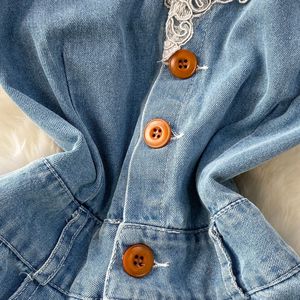 Vestidos de mezclilla sin mangas con cuello en V y encaje vintage para mujer, a la moda - Product Image 5