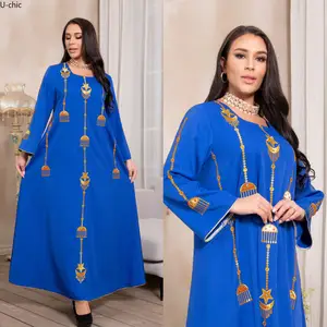 U-chic Middle East Muslim Embroidered Abaya Blue Embroidered Robe Arab Ethnic Dress Abaya