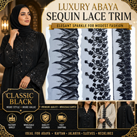 Bordure en dentelle brodée de perles et de sequins noirs, largeur 5 pouces, garniture en maille 100 % polyester pour Abaya, Kaftan, Jalabiya de Dubaï (vente en gros)