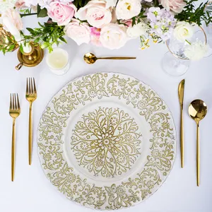 Dekorasi pernikahan kaca bulat bening Floral piring makan malam restoran peralatan makan pelek emas piring pengisi daya kaca
