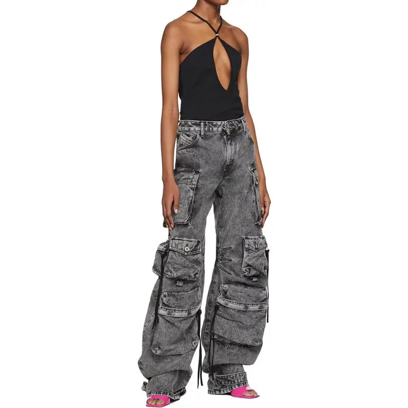 DiZNEW New Trendy Fall Casual Wash Baggy multi Pocket Cargo Straight Trousers Jeans Ladies Street Black Denim Women Jeans