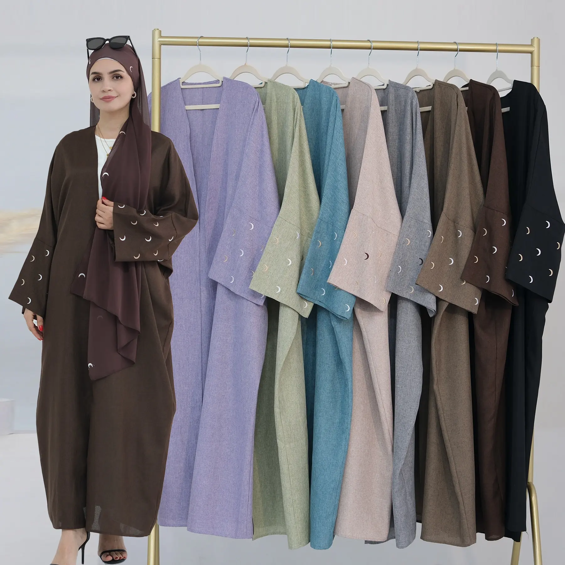 Loriya Neuankömmling OEM ODM Islamische Kleidung Abaya Frauen Kimono Strickjacke Muslimische Frauen kleider Mond Stickerei EID Leinen Abaya