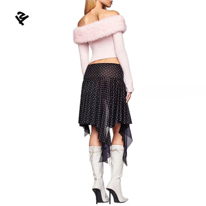 Haut court asymétrique rose pour <span class=keywords><strong>femme</strong></span>, à épaules dénudées, avec bordure en <span class=keywords><strong>fausse</strong></span> <span class=keywords><strong>fourrure</strong></span>, manches longues, en maille côtelée, sexy, pour soirée et club - Product Image 2