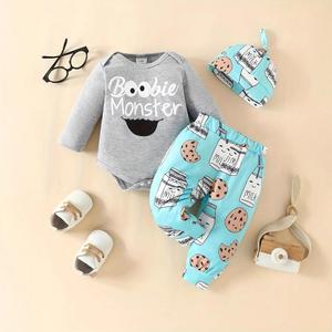 Mới Cho Bé Trai S Thời Trang Mùa Hè <span class=keywords><strong>Cotton</strong></span> 3 Quần Áo Leo Núi Dài Tay In Chữ Thoáng Khí Bộ Quần Mũ - Product Image 1