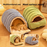 Lit pour chat en velours chaud toutes saisons, lit pour chien fermé avec tunnel, respirant et imperméable, lavable en machine