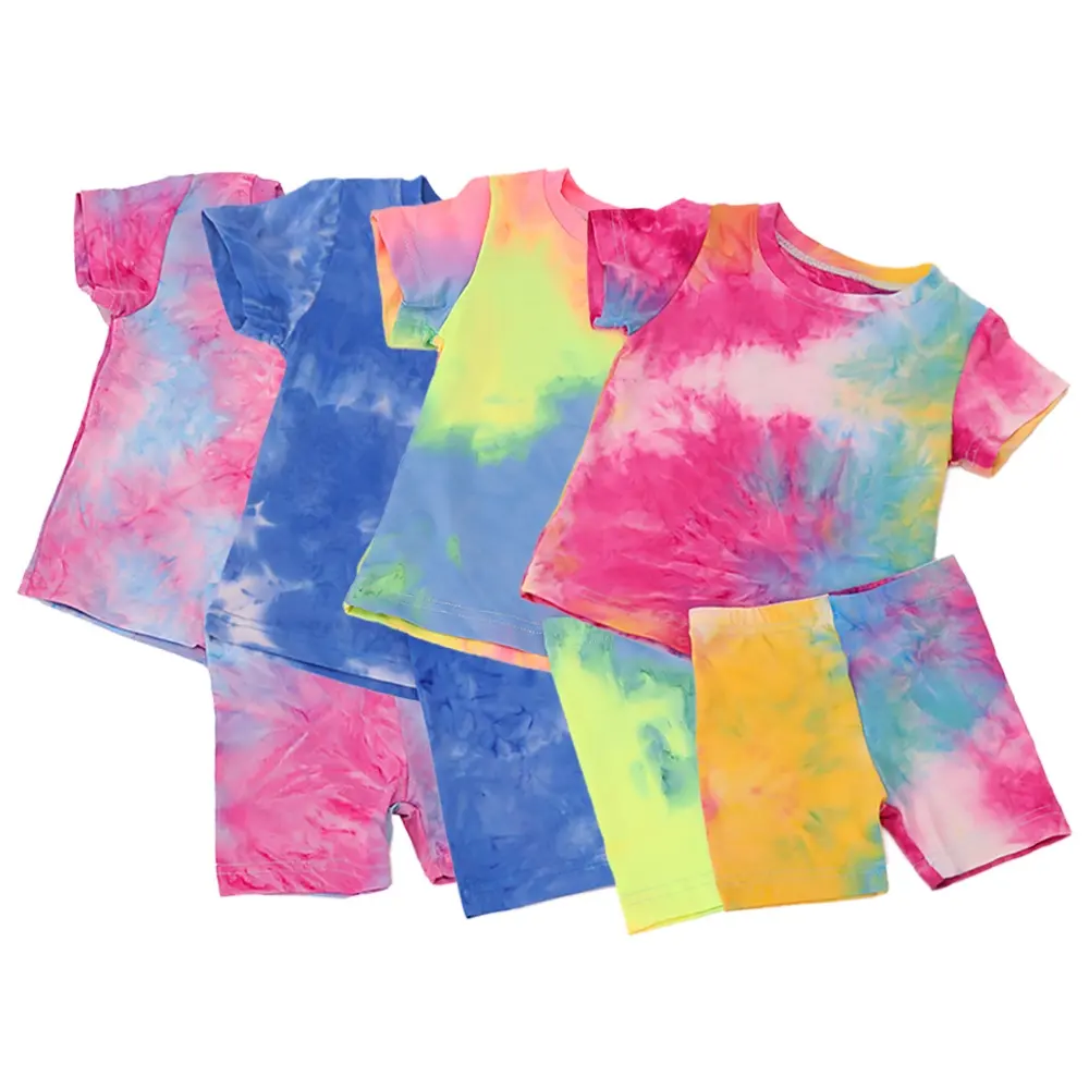 Moda bebek kız kravat boyalı şort takımı yaz Toddlers kısa kollu üst kıyafetler butik spor 2 adet çocuk giyim seti sıkı
