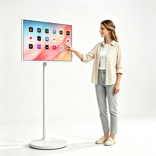 22-inch LED Portable Wheeled Touch-screen TV with 120Hz Refresh Rate White Floor-standing Android Monitor Portable Screen TV