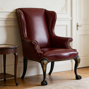 <span class=keywords><strong>Fauteuil</strong></span> d'appoint de luxe en bois sculpté à la main avec pieds à griffes et garniture cloutée, revêtement en <span class=keywords><strong>cuir</strong></span> rouge, dossier haut - Product Image 1