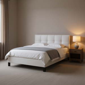 Letto Imbottito in Ecopelle Bianca con Testiera in Legno Ingegnerizzato, Letto Moderno e Morbido - Product Image 2