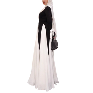 Vestidos musulmanes elegantes de manga larga para mujer Nuevo choque de color blanco y negro con patchwork de lazo - Product Image 5