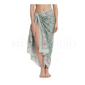 Pareo de algodón con estampado a mano en verde Neptuno y rosa Sachet para mujer, ligero, para cubrir el bikini, ropa de verano - Product Image 4