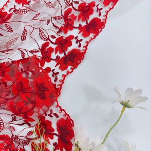 Passamaneria in pizzo ricamato ecologico da 33 cm, tessuto a rete con fiori rossi in spandex/nylon lavorato a maglia - Product Image 5