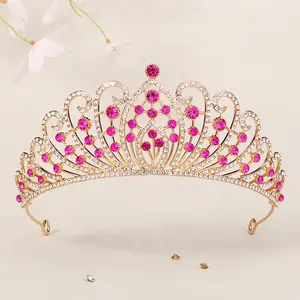 Crown e tiara de princesa rosa de cristal de strass para concurso de rainha Miss Mundo, feito à mão personalizado, ideal para beleza