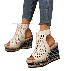 Sandales compensées d'été pour femmes, nouveau style, à semelle épaisse ajourée en corde de chanvre, style romain - Product Image 5